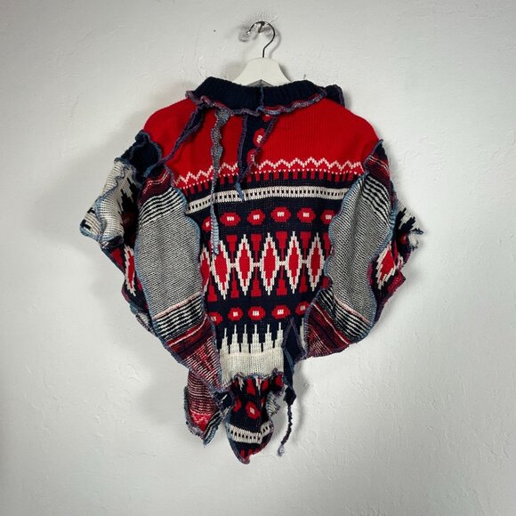 VonksArt Womens Handmade Knitted Poncho Top Art to Wear Boho Red Navy New $79 - Picture 2 of 7
